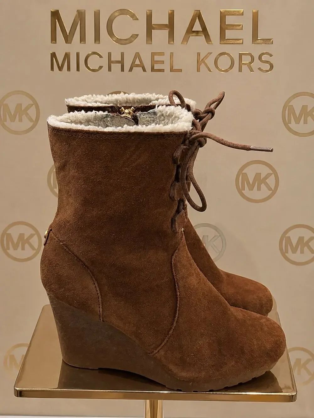 Michael Michael Kors Suede Shearling Wedge Ankle Boots Brown 8.5M